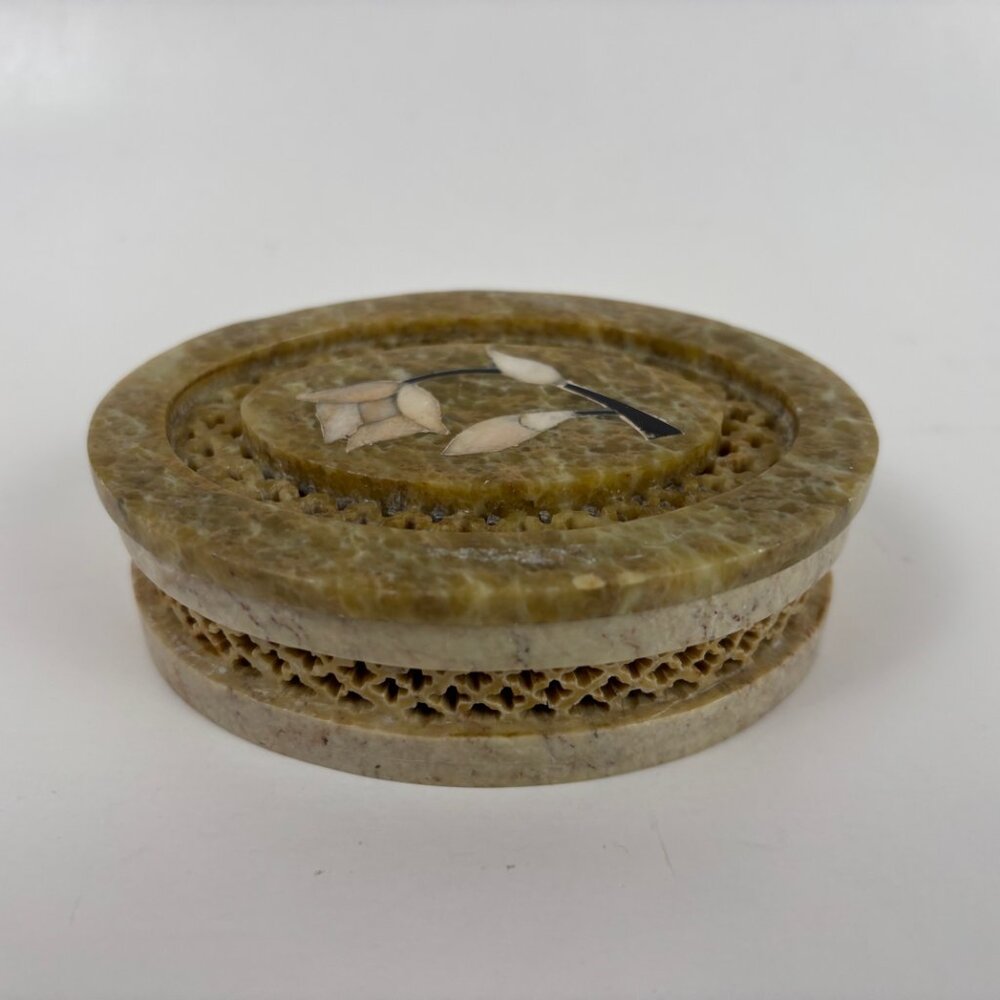Vintage Soapstone Trinket Jewelry Box Mother of Pearl Floral Inlay